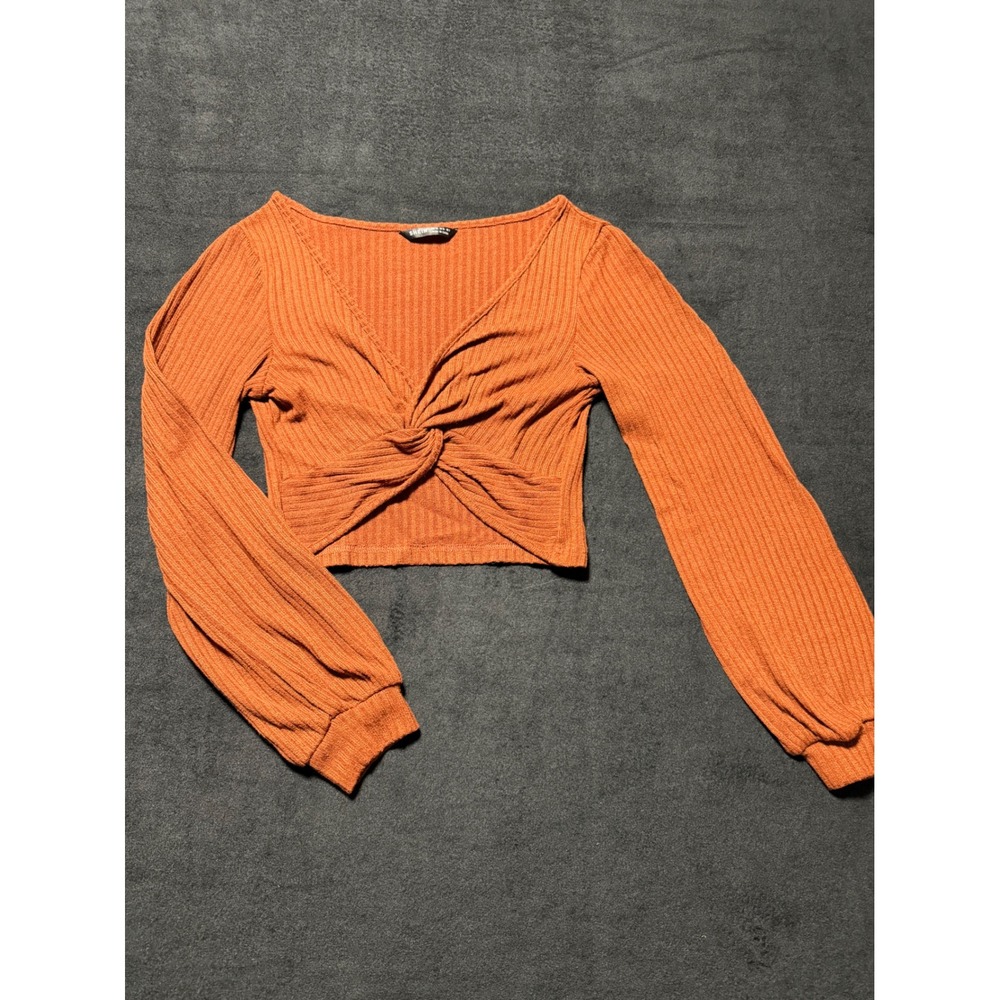 SHEIN Orange Ribbed Twist Front‎ Long Sleeve Crop Top Women's XS